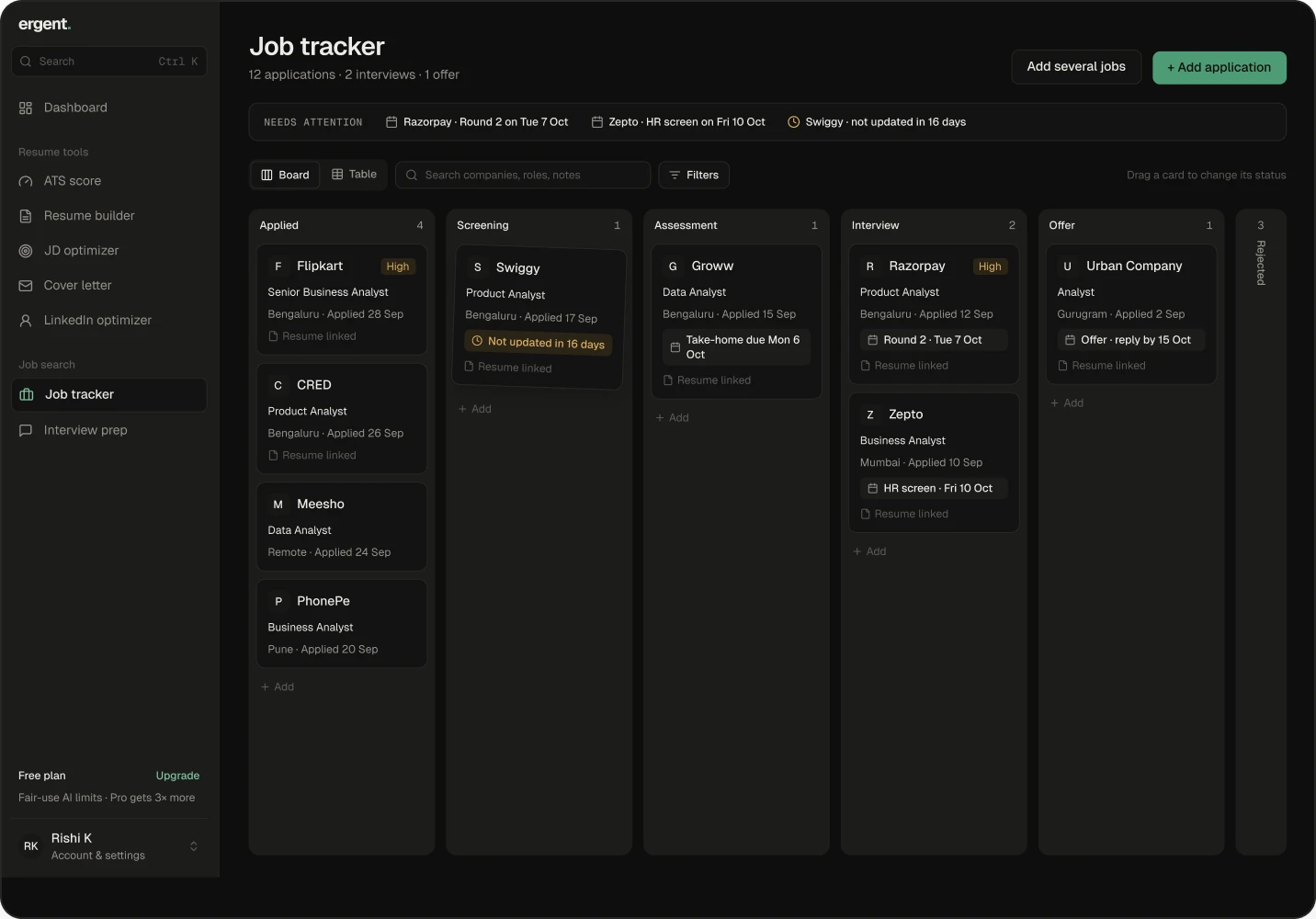 The job tracker board with applications in Applied, Screening, Assessment, Interview and Offer.