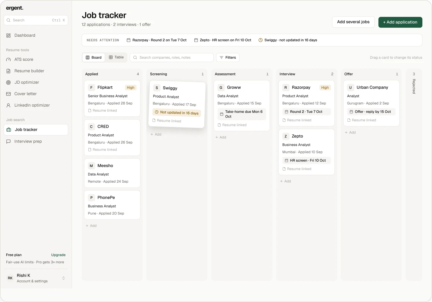 The job tracker board with applications in Applied, Screening, Assessment, Interview and Offer.