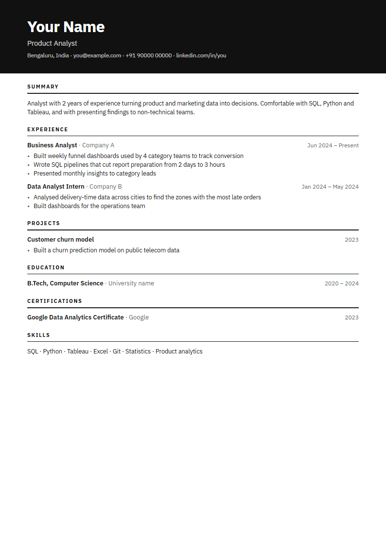 Bold header resume template with a sample resume