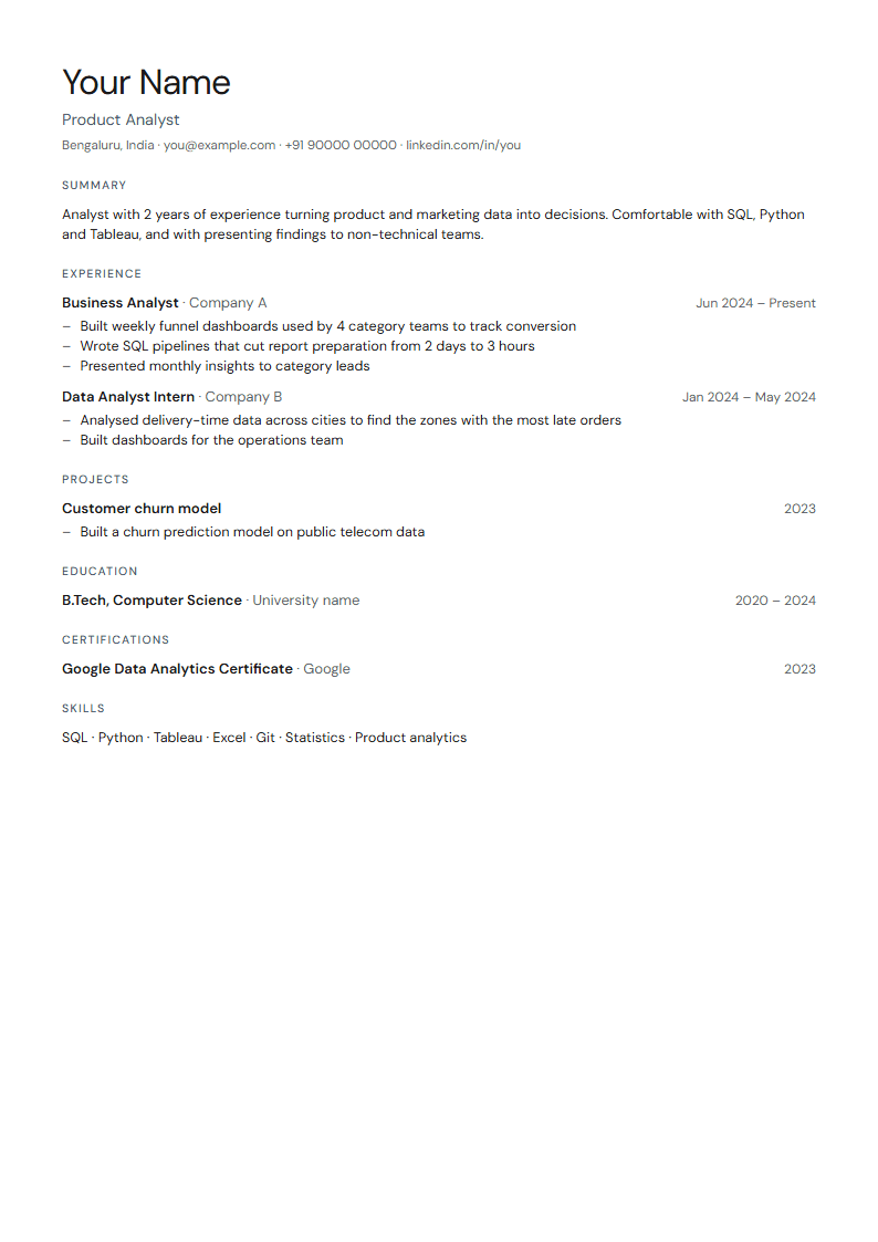 Minimal resume template with a sample resume