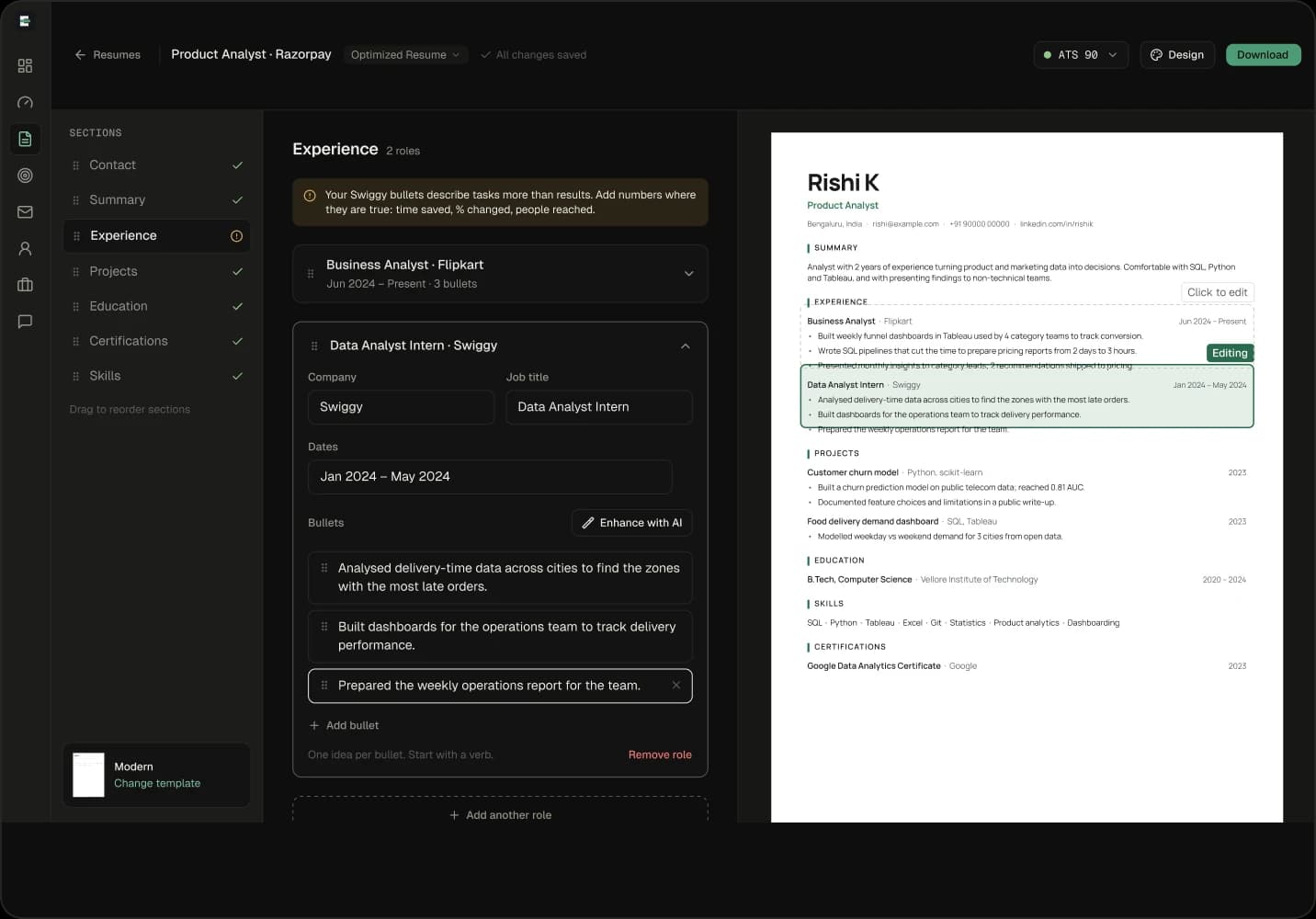 The resume builder: sections on the left, the experience editor in the middle and a live preview on the right.