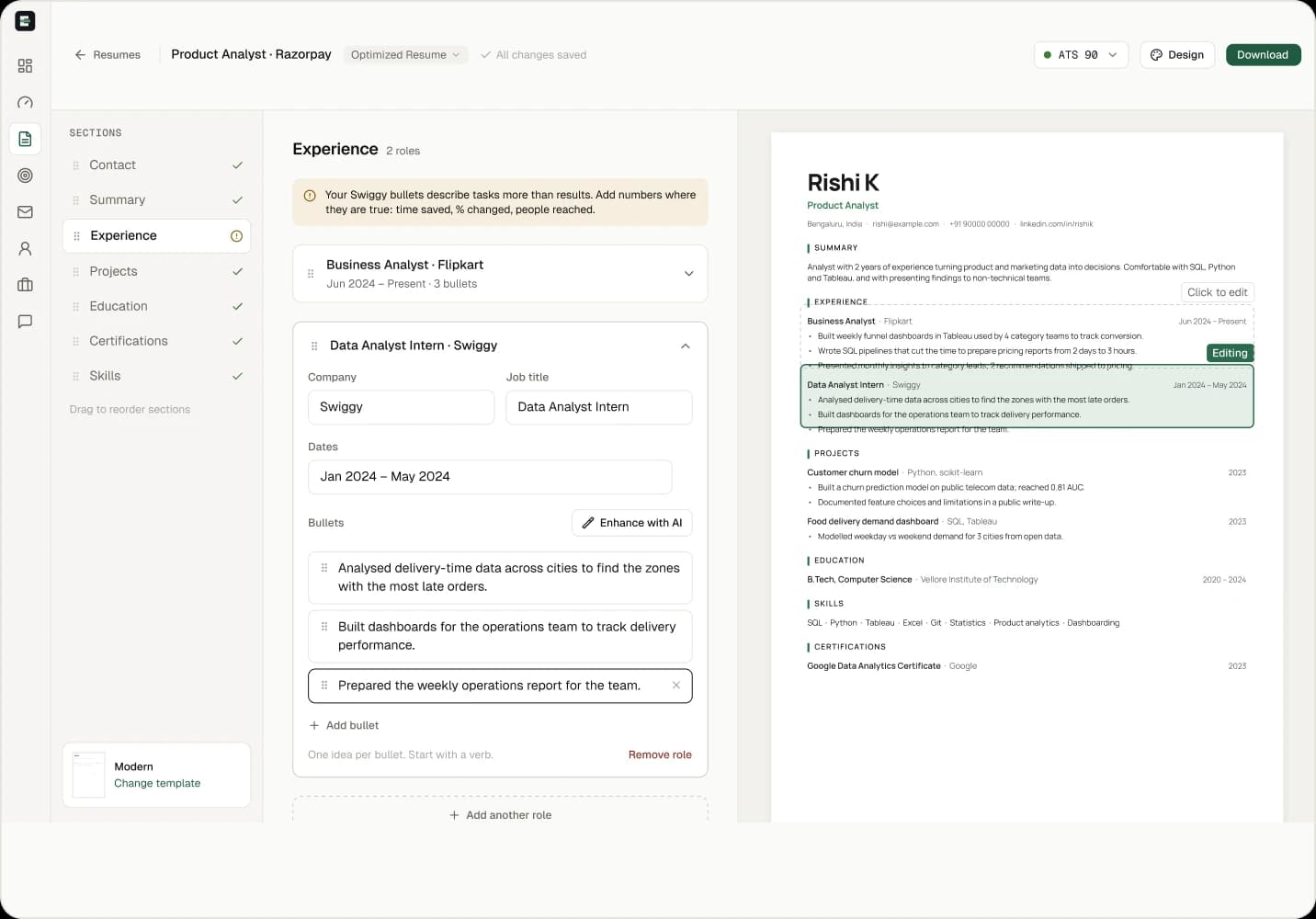 The resume builder: sections on the left, the experience editor in the middle and a live preview on the right.