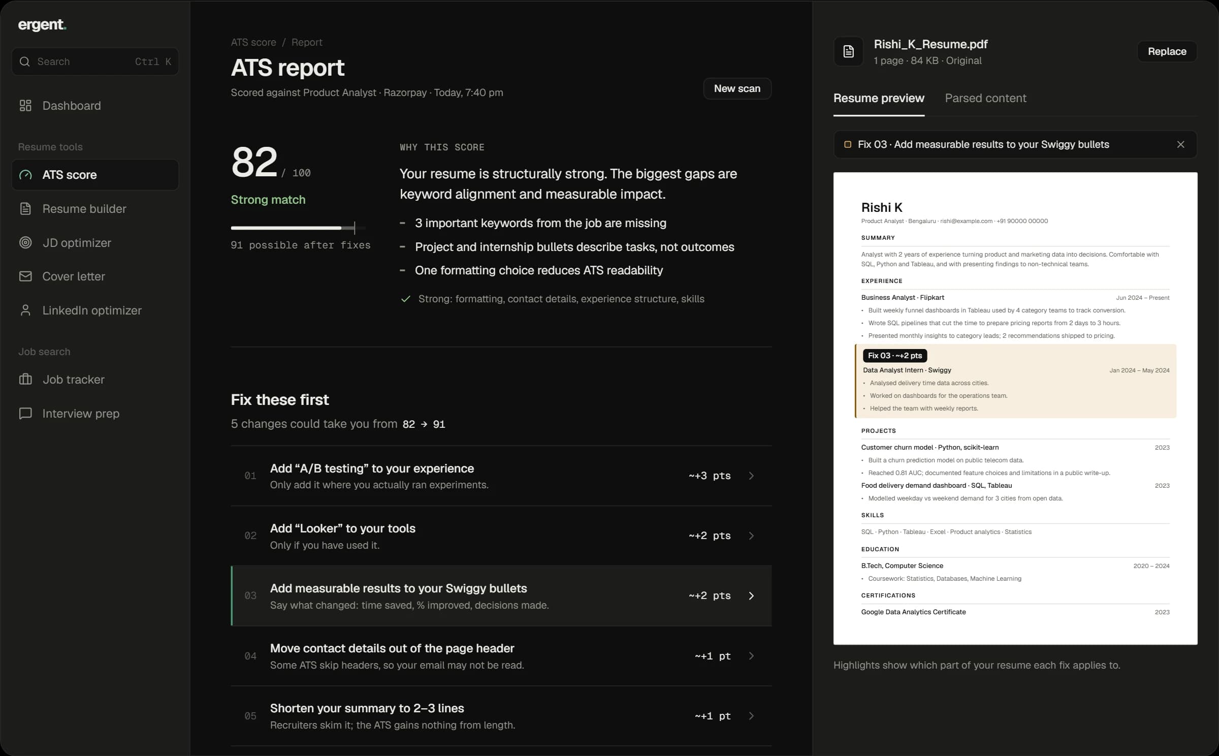 An Ergent ATS report: a score of 82 out of 100, the reasons behind it, five fixes ranked by impact, and the resume with the selected fix highlighted.