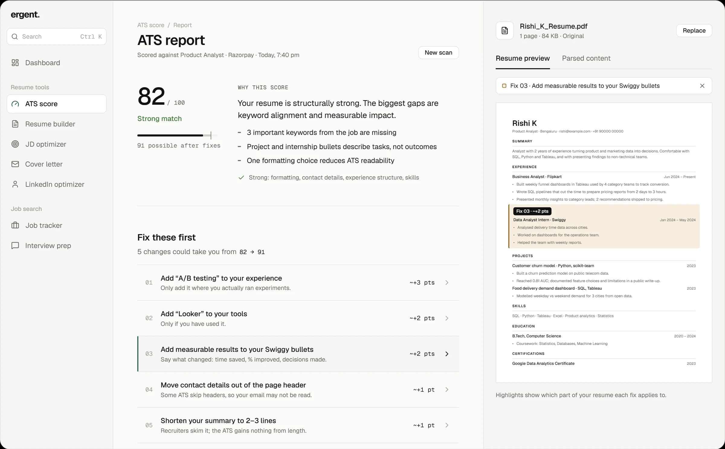 An Ergent ATS report: a score of 82 out of 100, the reasons behind it, five fixes ranked by impact, and the resume with the selected fix highlighted.