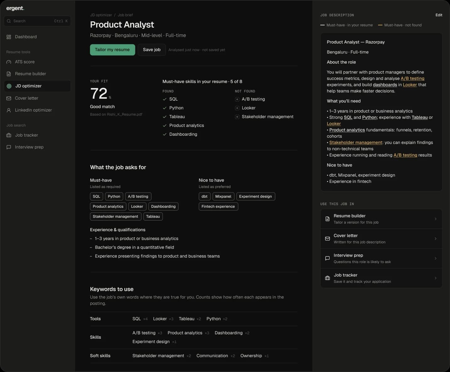 A JD optimizer brief for a Product Analyst role: fit score, must-have skills and keywords, next to the highlighted posting.