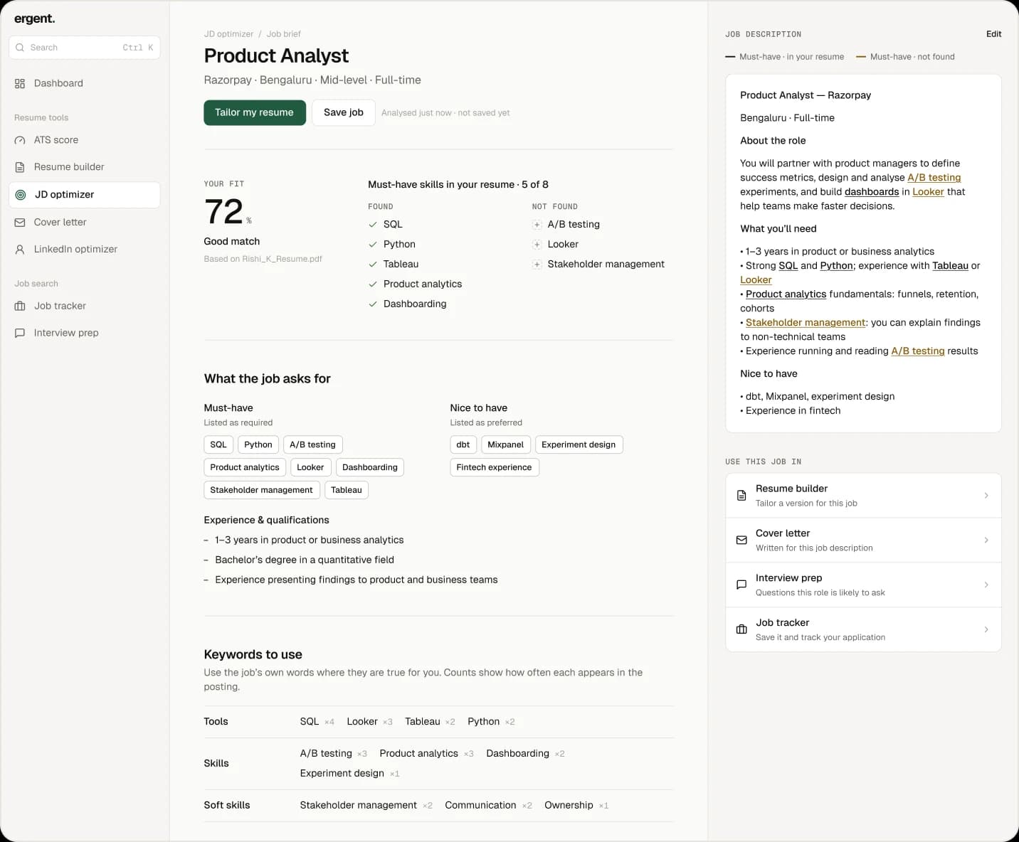 A JD optimizer brief for a Product Analyst role: fit score, must-have skills and keywords, next to the highlighted posting.