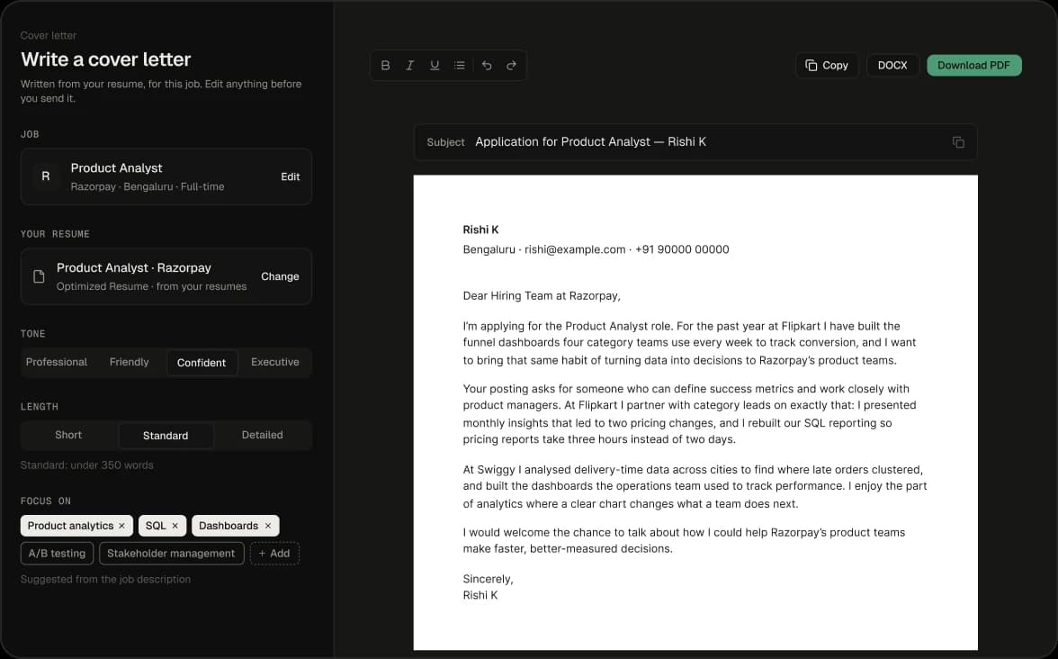 The cover letter editor with tone, length and focus settings beside the letter.