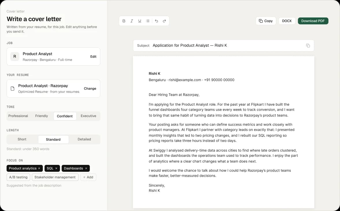 The cover letter editor with tone, length and focus settings beside the letter.