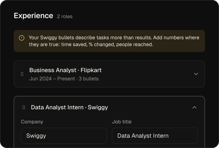 The resume builder's experience section with a tip to add results.