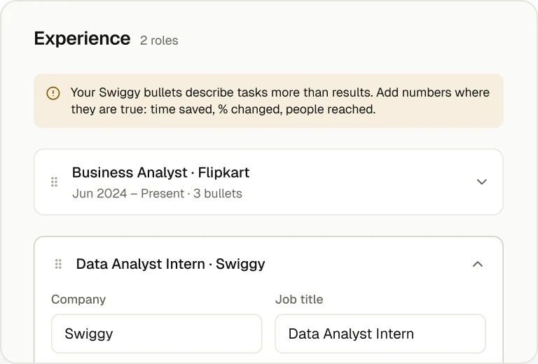 The resume builder's experience section with a tip to add results.