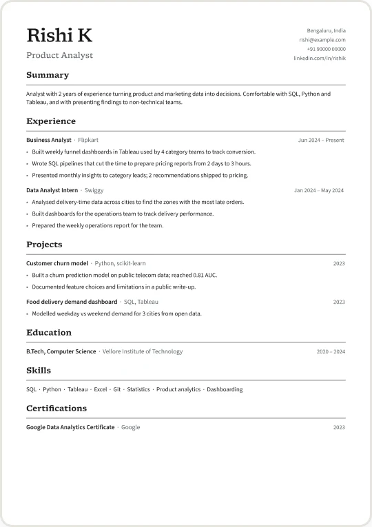 Editorial template with a sample resume